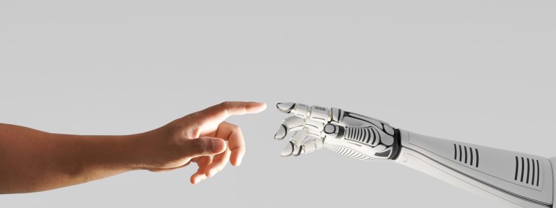robot hand touching with human hand robot hand touching with human hand, 3d illustration rendering
